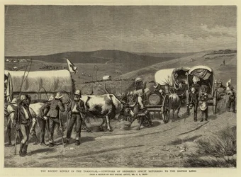 A Recente Revolta no Transvaal, Sobreviventes do Sprout de Bronker retornando às Linhas Britânicas